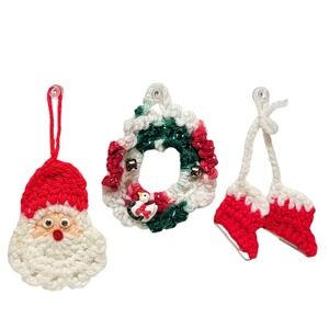 VTG‎ 80s Crochet Christmas Ornaments Lot of 3 Santa Claus Wreath Ice Skates Tree